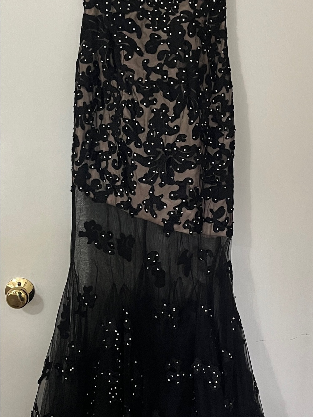 Black Beaded Floral Mesh Evening Dress